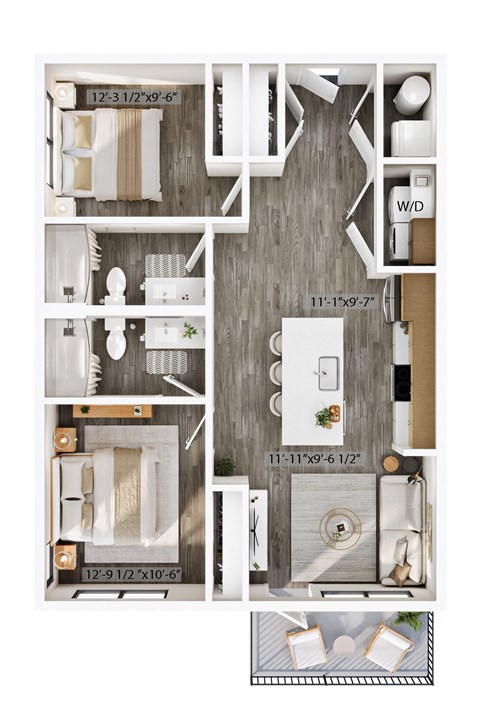 Floor plan for 2 beds, 2 baths, 850 sqft